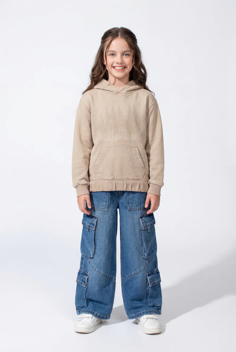 Girl’s Forest-Print Acid-Wash Crossover Hood Kangaroo Pocket Elasticated Bubble Hem Ribbed Cuffs Sweatshirt - Image 3
