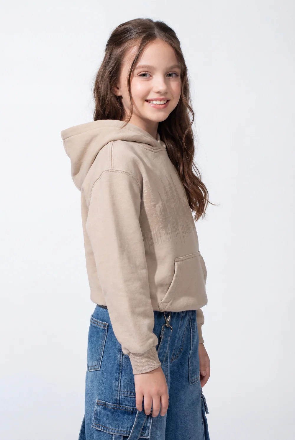 Girl’s Forest-Print Acid-Wash Crossover Hood Kangaroo Pocket Elasticated Bubble Hem Ribbed Cuffs Sweatshirt - Image 4