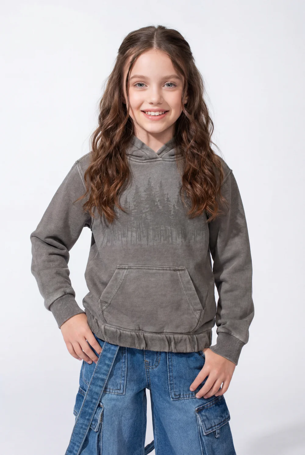 Girl’s Forest-Print Acid-Wash Crossover Hood Kangaroo Pocket Elasticated Bubble Hem Ribbed Cuffs Sweatshirt - Image 5