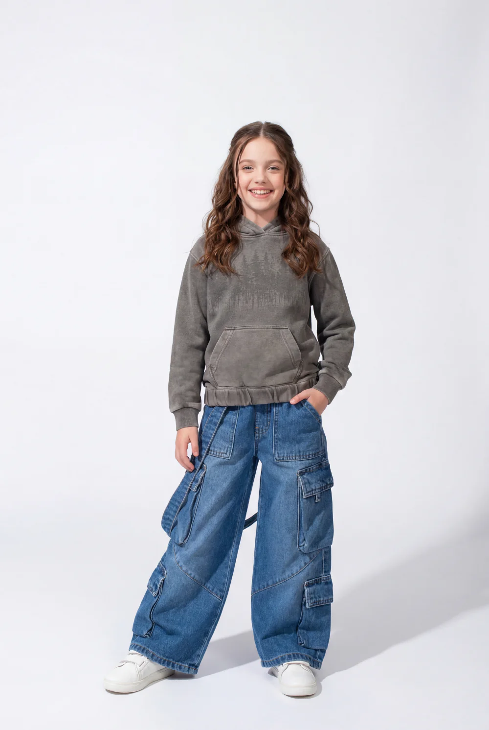Girl’s Forest-Print Acid-Wash Crossover Hood Kangaroo Pocket Elasticated Bubble Hem Ribbed Cuffs Sweatshirt - Image 7