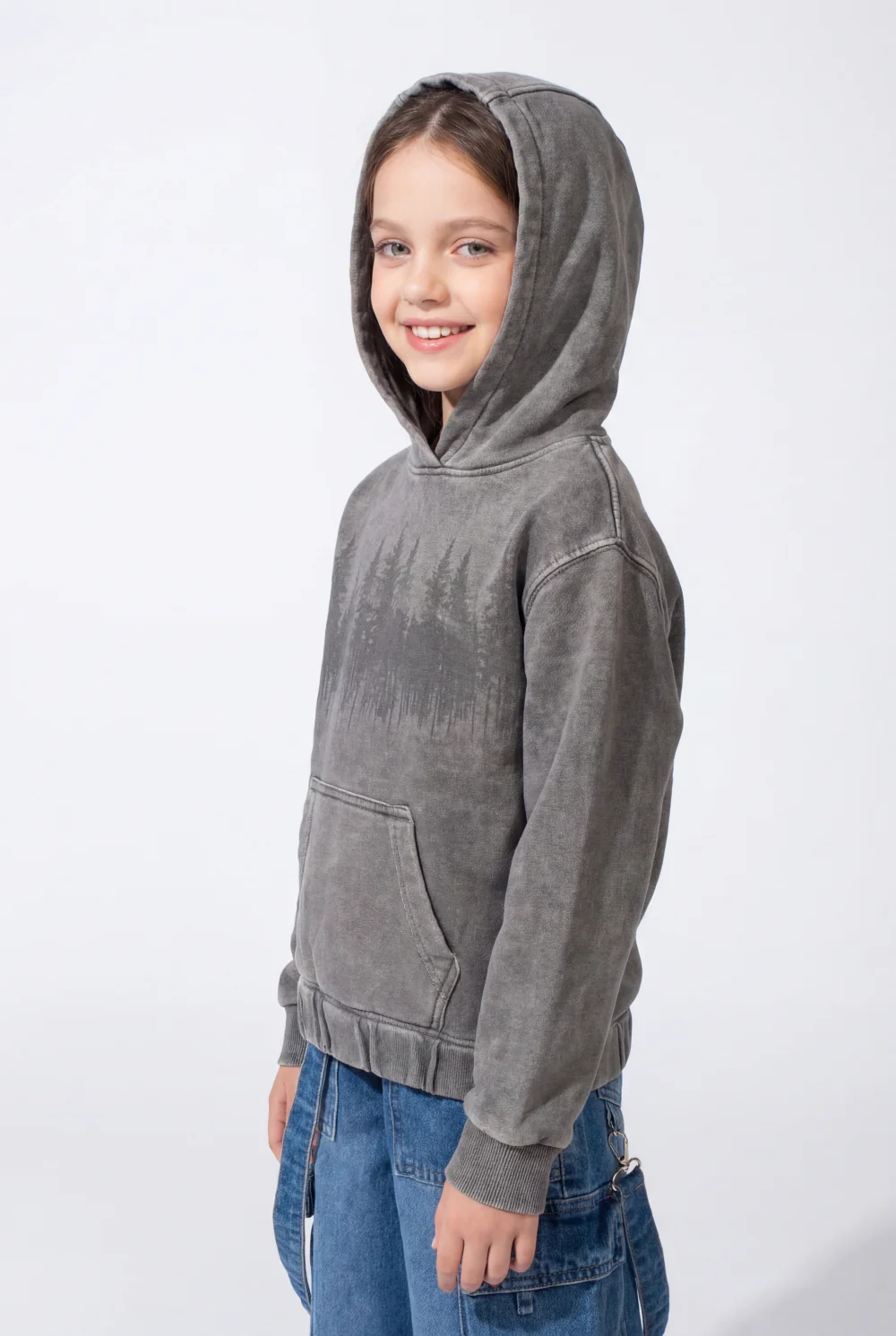 Girl’s Forest-Print Acid-Wash Crossover Hood Kangaroo Pocket Elasticated Bubble Hem Ribbed Cuffs Sweatshirt - Image 8