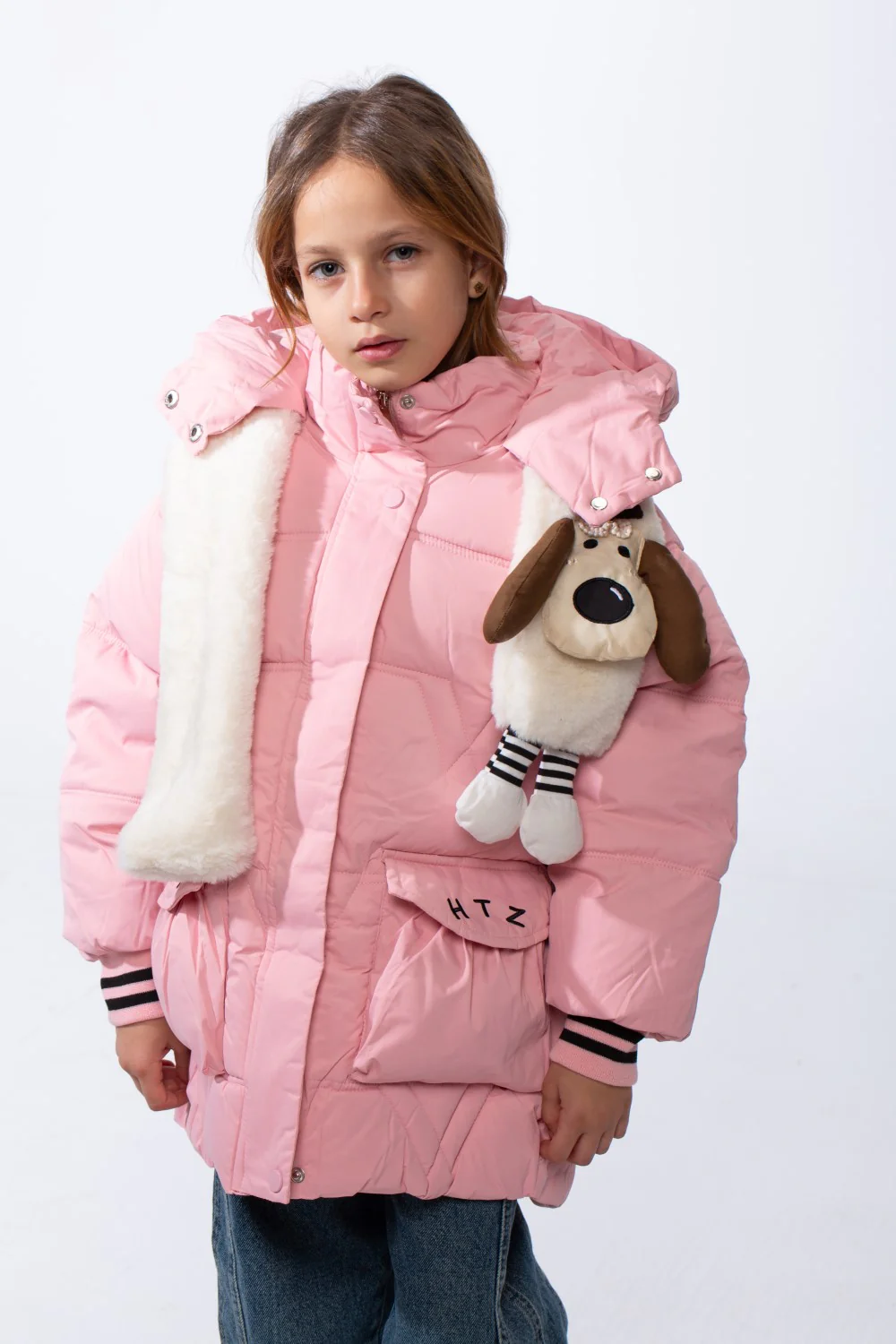 Girl’s Padded Waterproof Jacket With a Hood Featuring Faux Fur Details And a Dog Plush Charm With Front Pockets And Elastic Sleeve Cuffs - Image 9