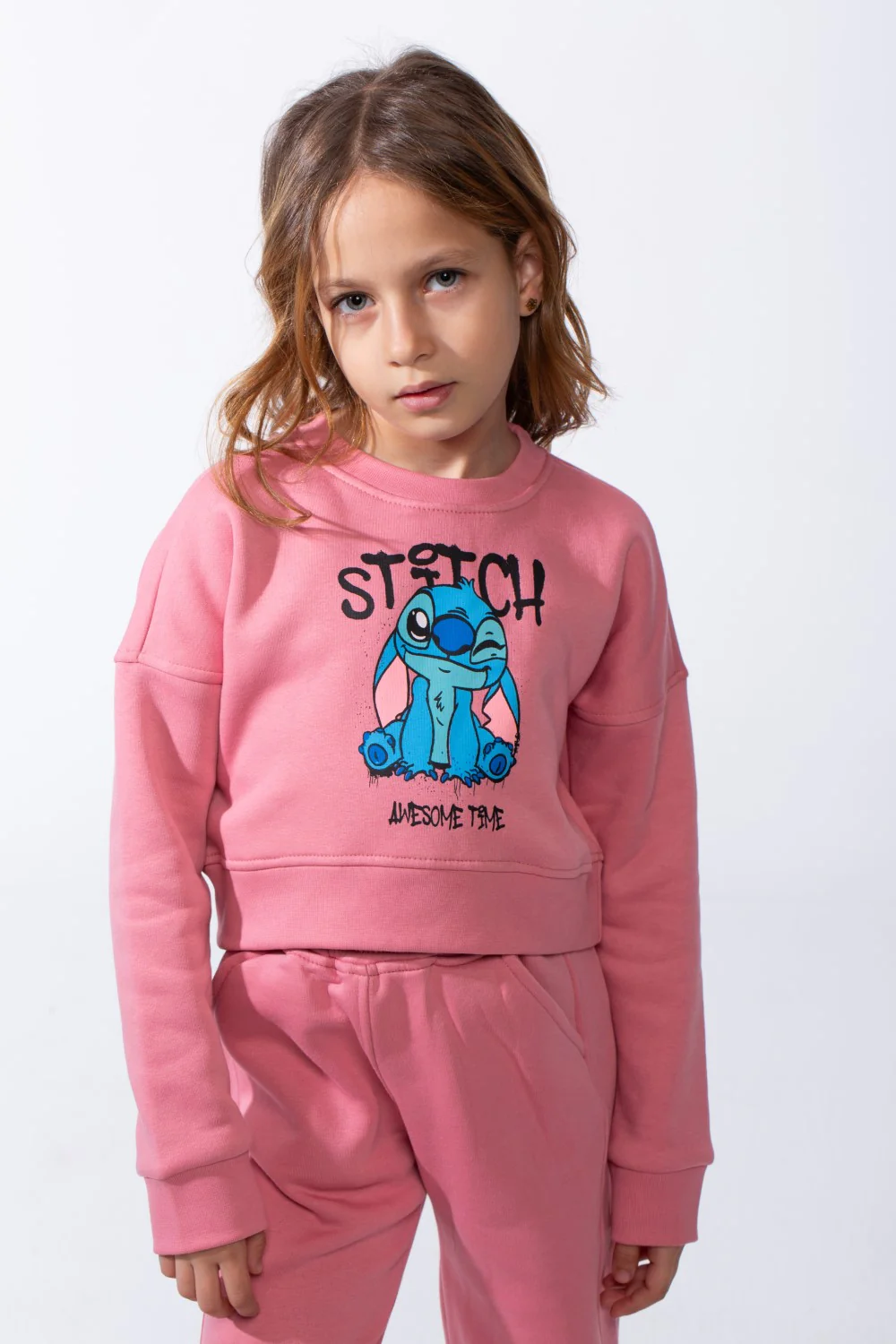 Girl’s Stitch Print Cropped Slim Fit Melton Crew Neck Outfit Set - Image 7