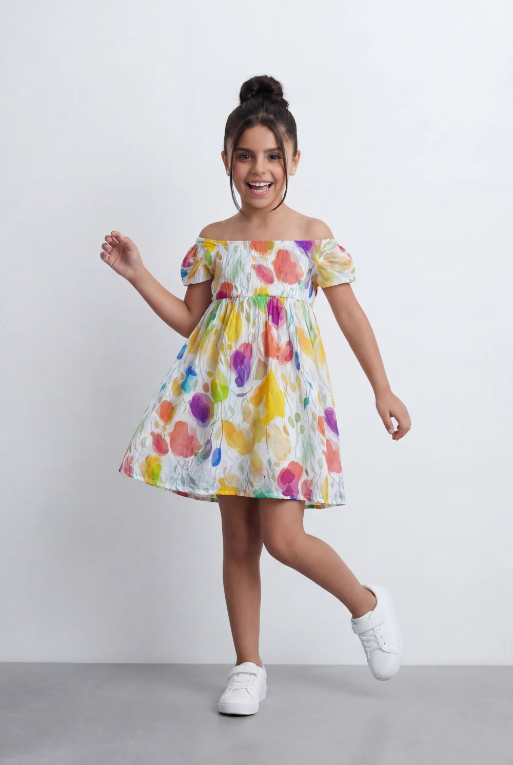 Girl's Abstract Print Poplin Dress Tomato Store Off-Shoulder Smocked Bodice With Puff Sleeves And Full Skirt - Image 10