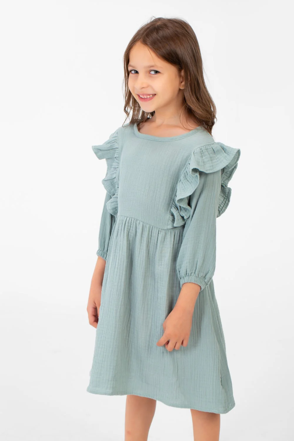 Girl's Basic Back Half Buttons Long Sleeves Dress In A Modern Cut - Image 11