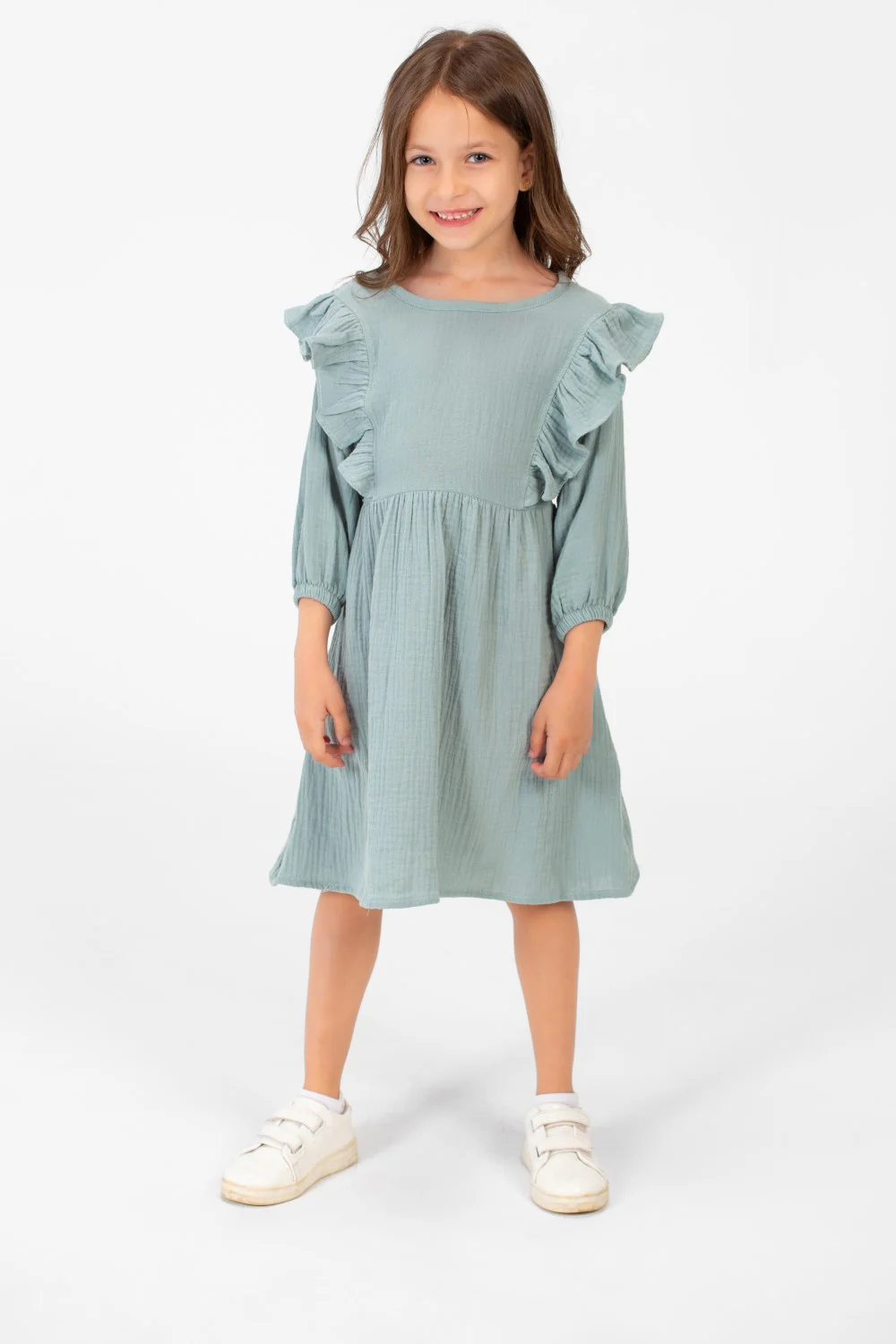 Girl's Basic Back Half Buttons Long Sleeves Dress In A Modern Cut - Image 12