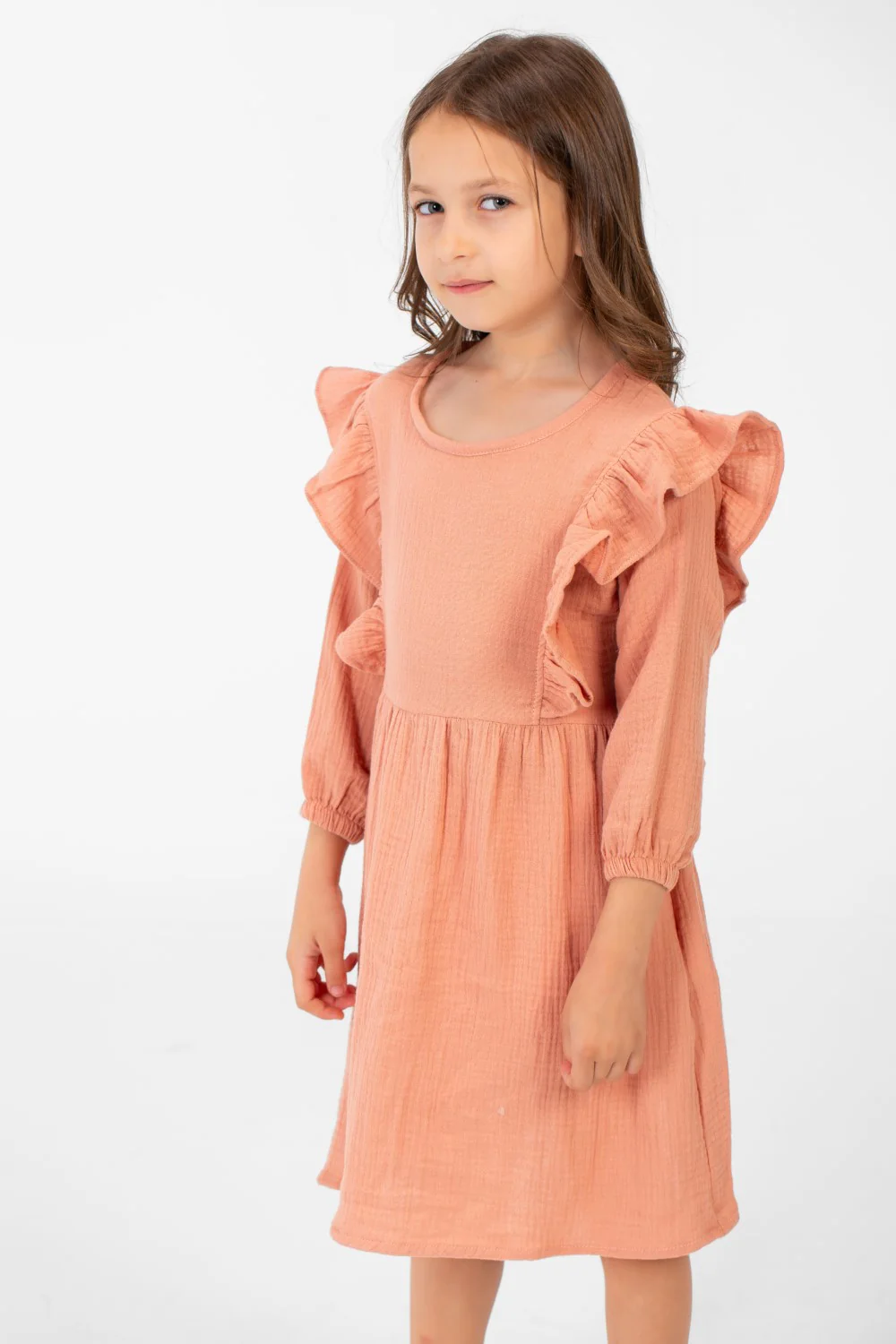 Girl's Basic Back Half Buttons Long Sleeves Dress In A Modern Cut - Image 3