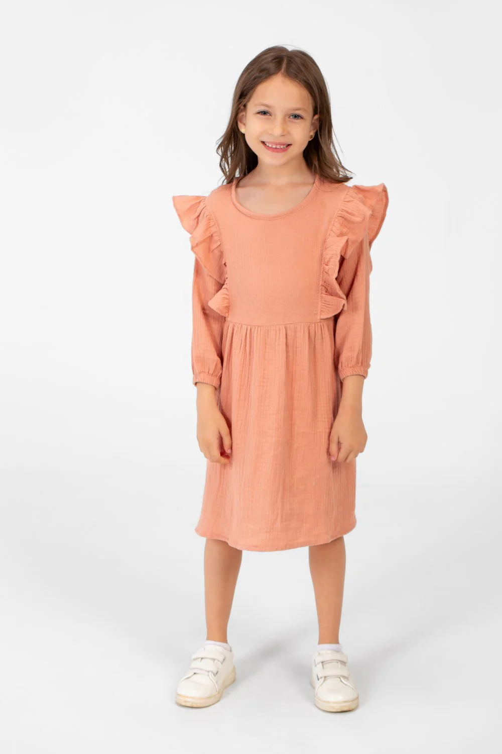 Girl's Basic Back Half Buttons Long Sleeves Dress In A Modern Cut - Image 4