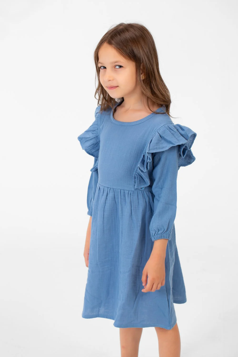 Girl's Basic Back Half Buttons Long Sleeves Dress In A Modern Cut - Image 7