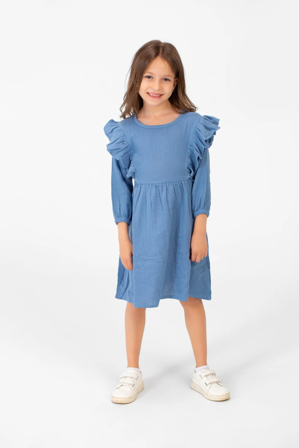 Girl's Basic Back Half Buttons Long Sleeves Dress In A Modern Cut - Image 8