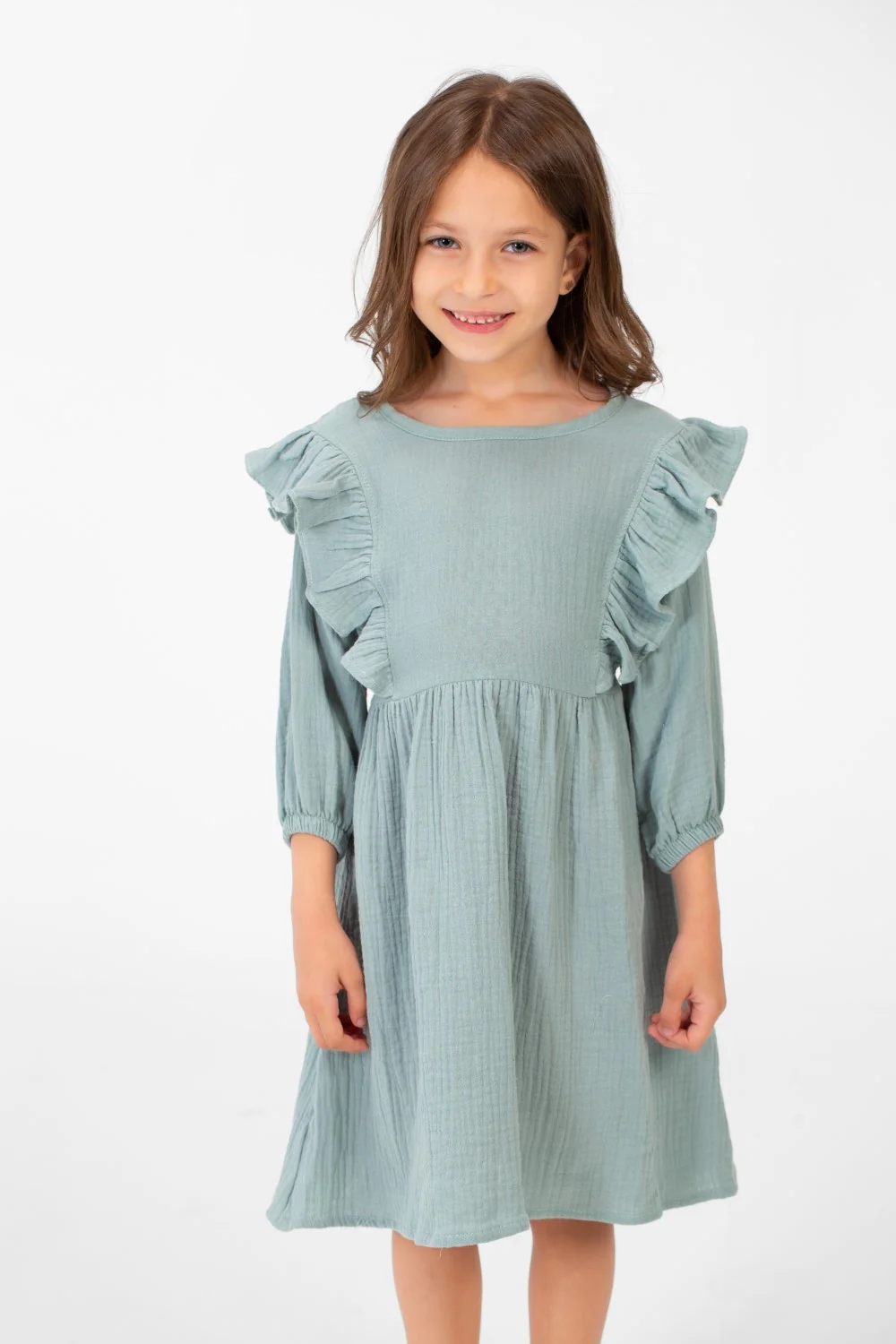 Girl's Basic Back Half Buttons Long Sleeves Dress In A Modern Cut - Image 9