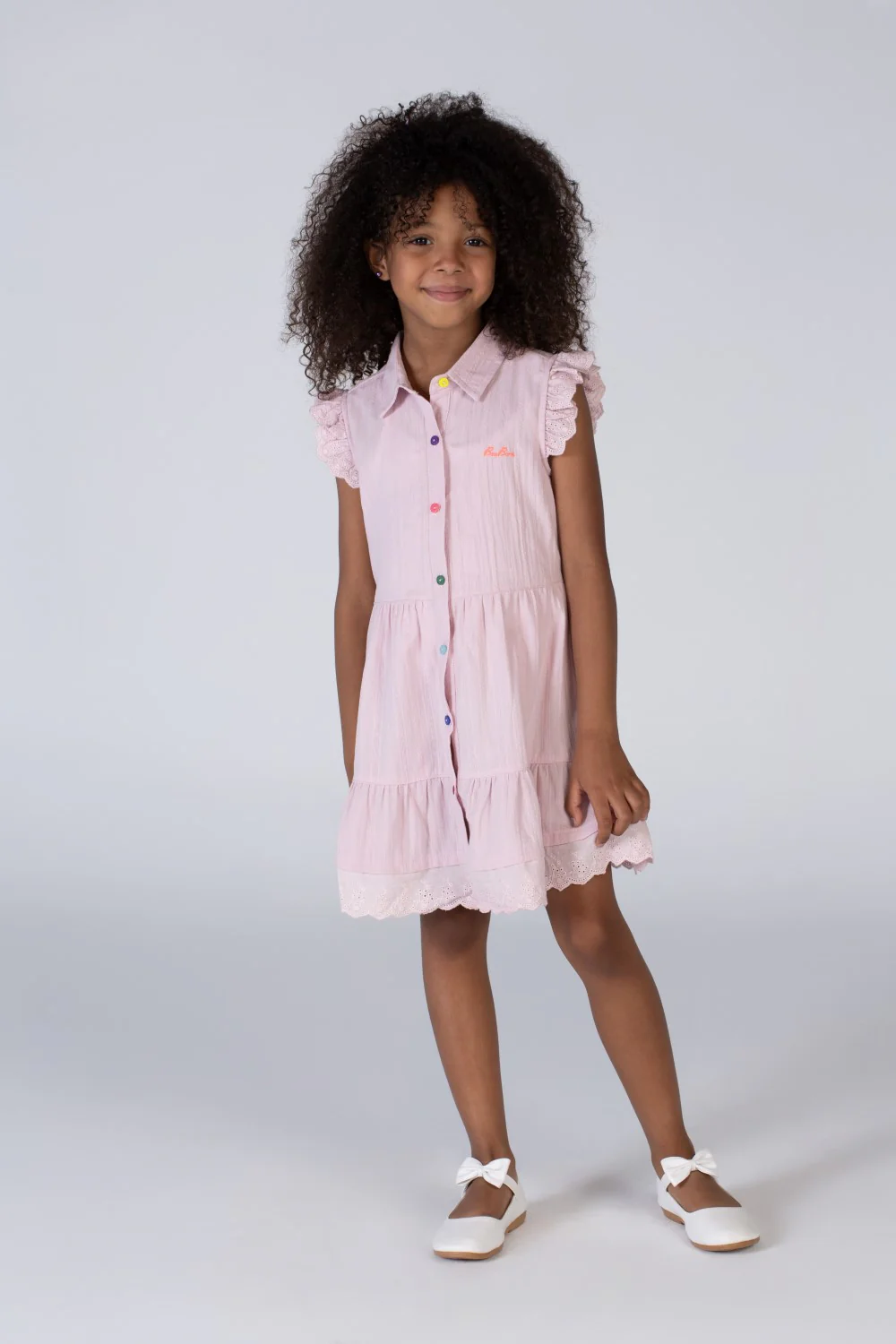 Girls Basic Dress With Ruffles And Colorful Buttons On The Front