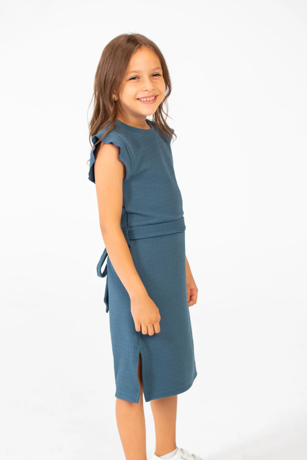 Girl's Basic Fabric Dress With A Shoulder Frill And Middle Strap - Image 11