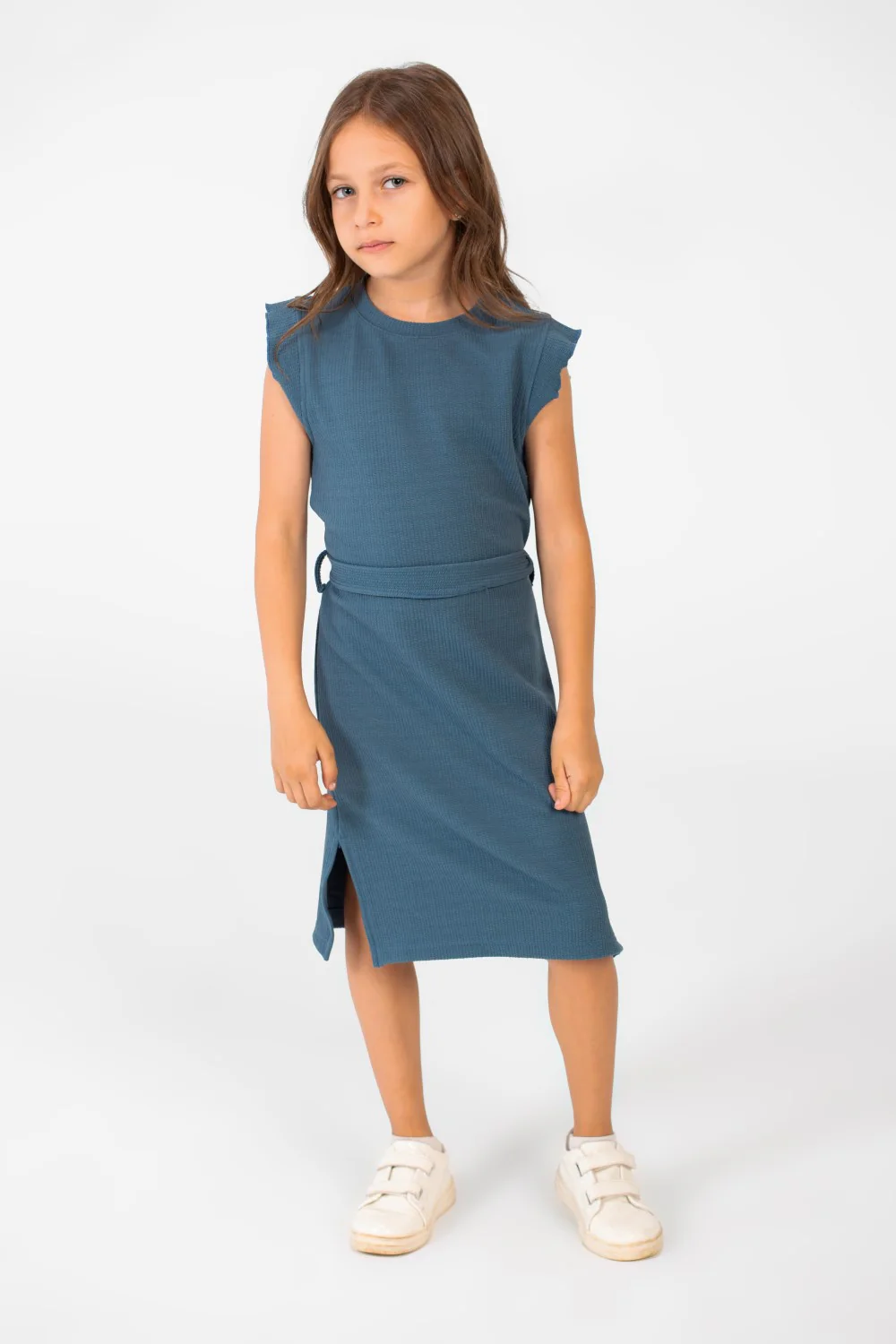 Girl's Basic Fabric Dress With A Shoulder Frill And Middle Strap - Image 12