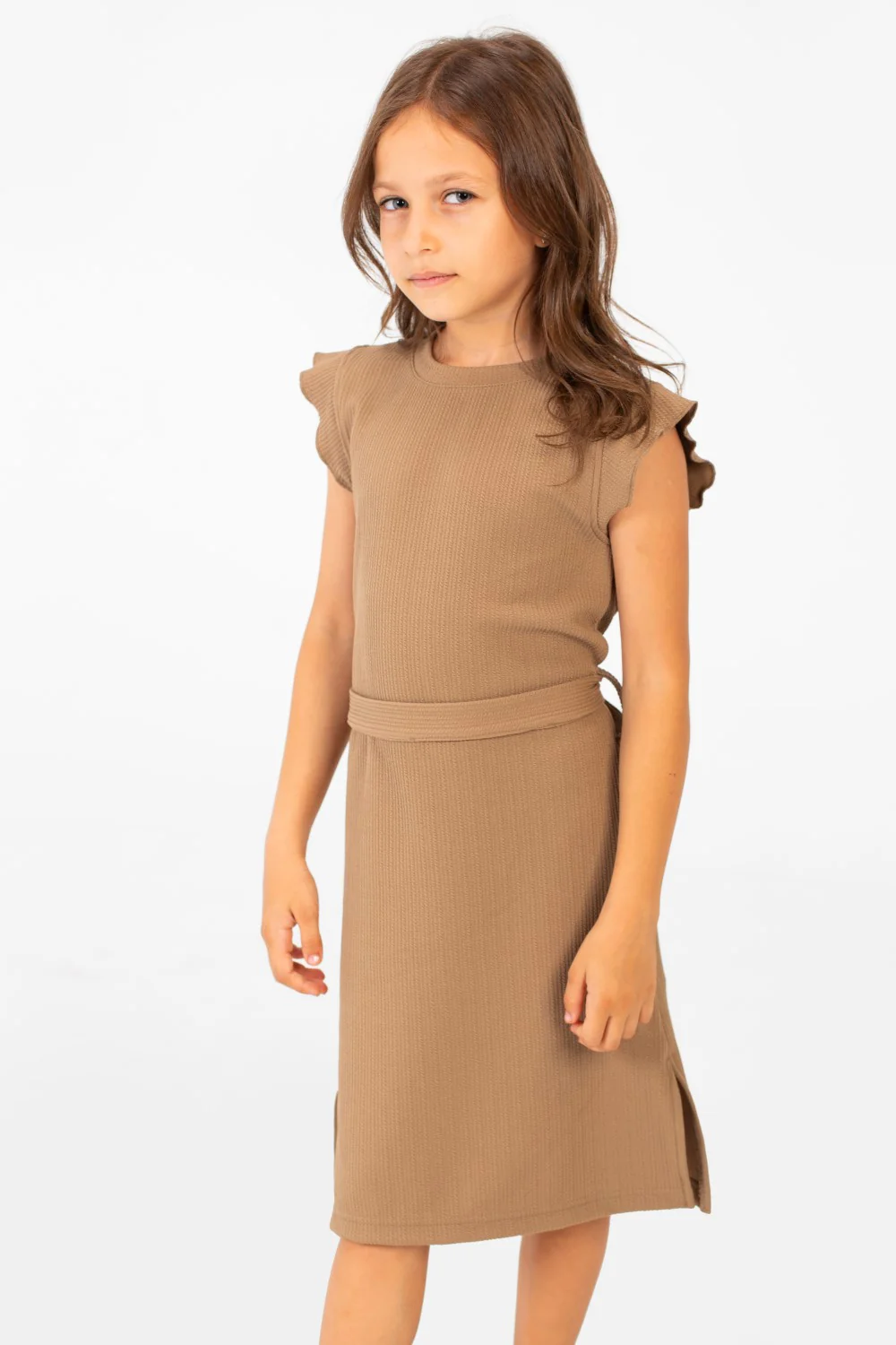 Girl's Basic Fabric Dress With A Shoulder Frill And Middle Strap - Image 13