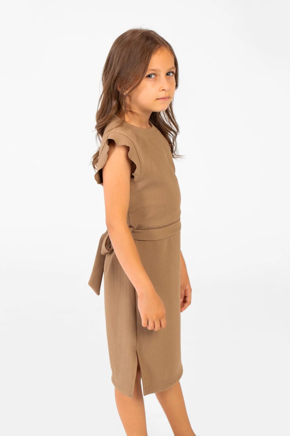 Girl's Basic Fabric Dress With A Shoulder Frill And Middle Strap - Image 15