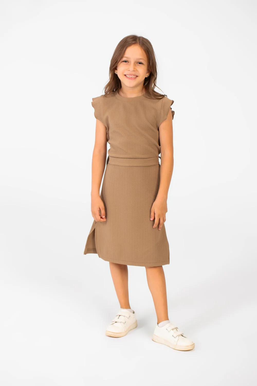 Girl's Basic Fabric Dress With A Shoulder Frill And Middle Strap - Image 16