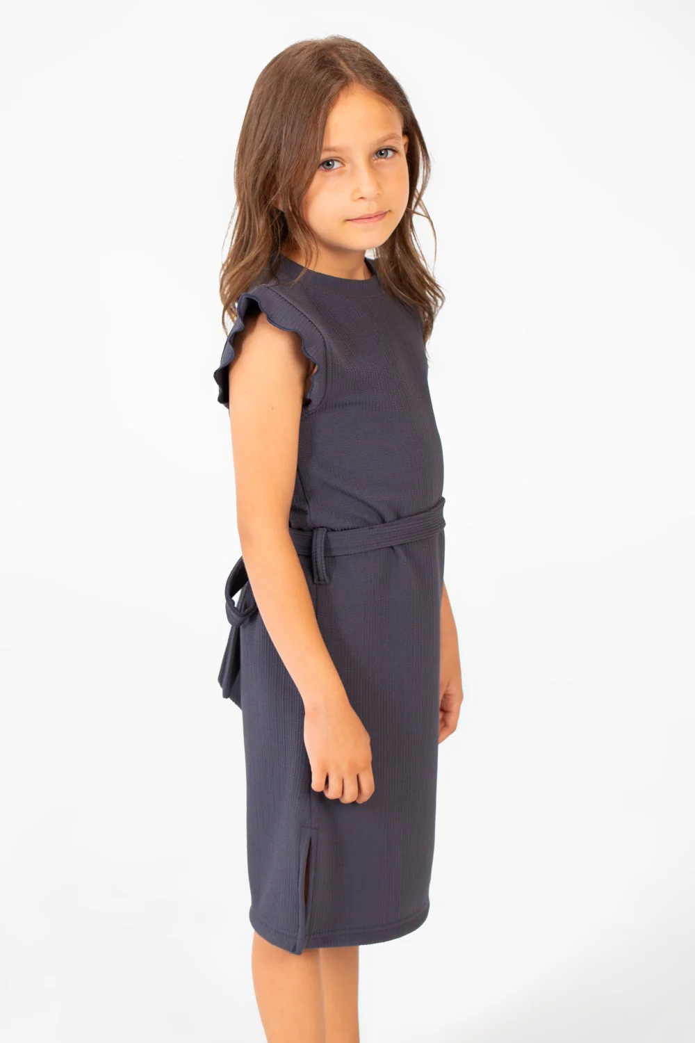 Girl's Basic Fabric Dress With A Shoulder Frill And Middle Strap - Image 3