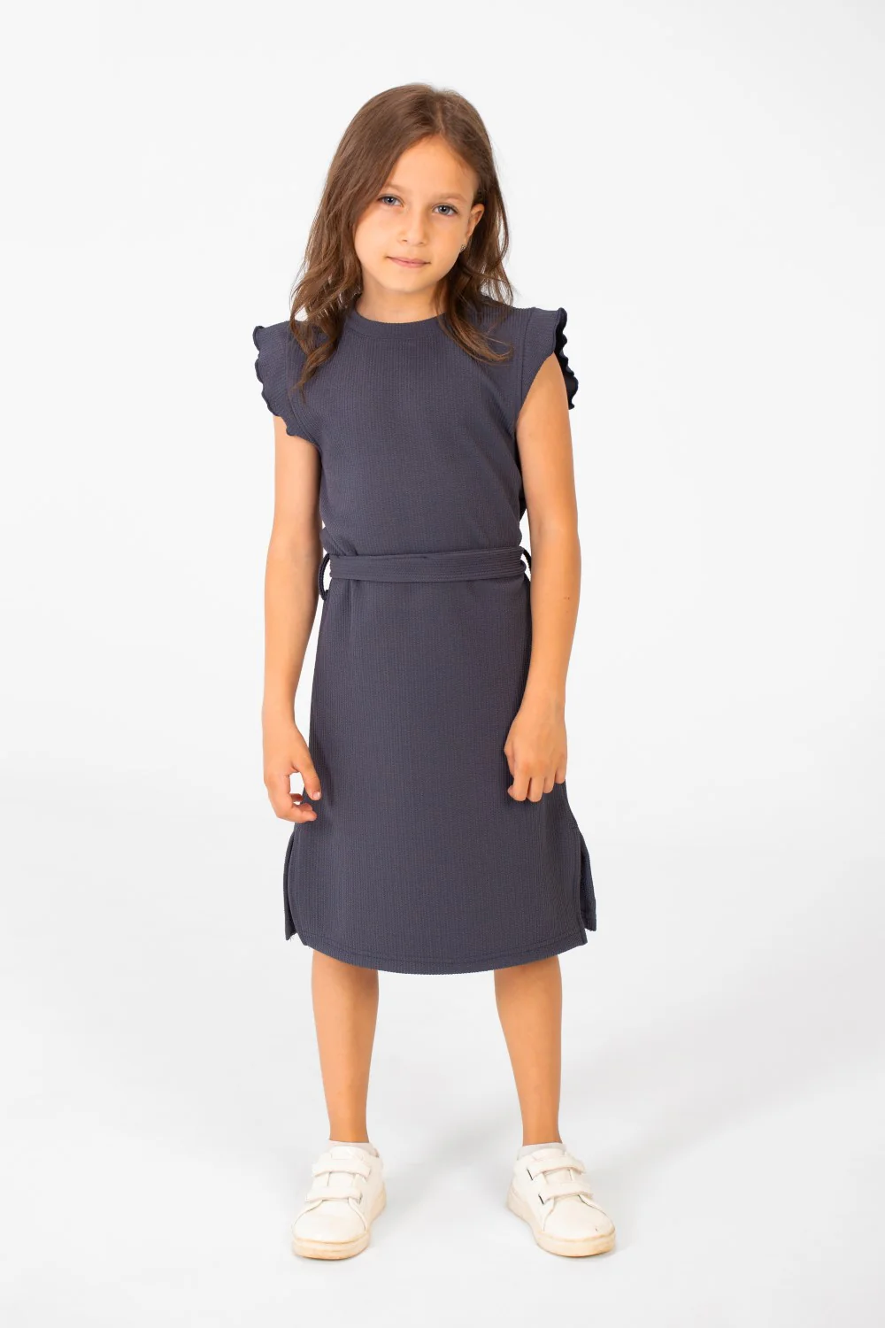 Girl's Basic Fabric Dress With A Shoulder Frill And Middle Strap - Image 4