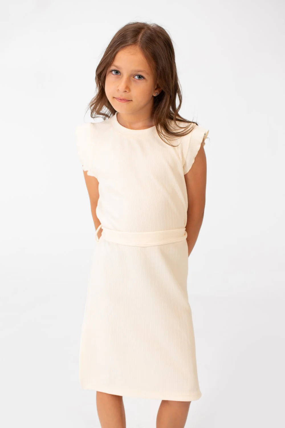 Girl's Basic Fabric Dress With A Shoulder Frill And Middle Strap - Image 5