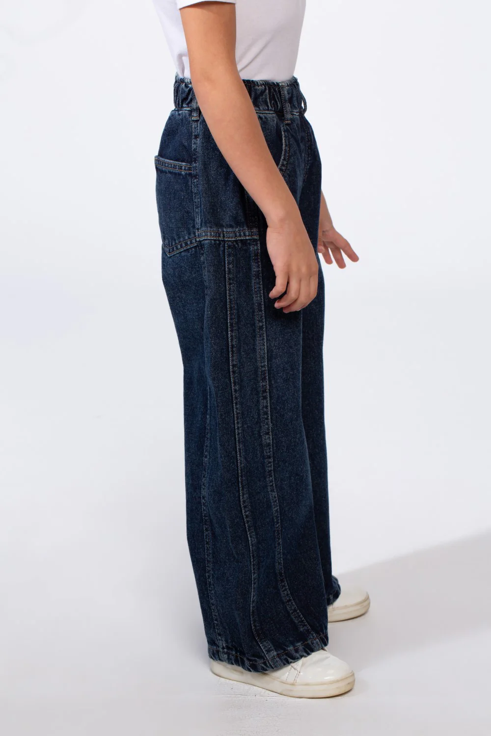 Girl's Boy Friend Denim With Comfort Elastic Waist Vertical Seam Details With Pockets Modern Casual Jeans Pants - Image 2