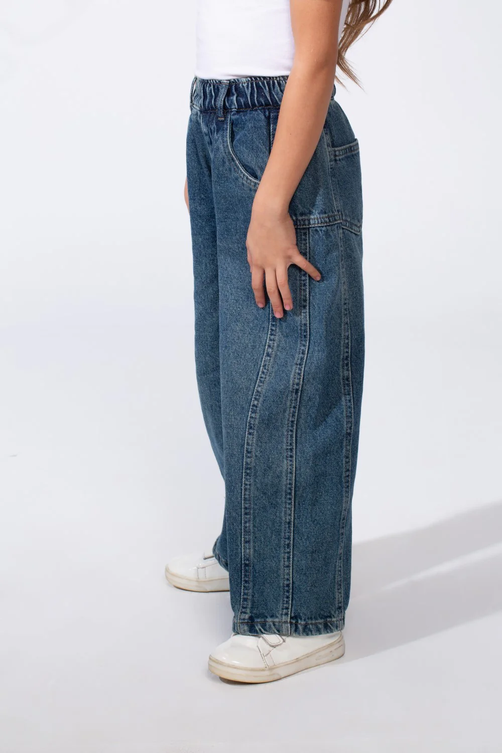 Girl's Boy Friend Denim With Comfort Elastic Waist Vertical Seam Details With Pockets Modern Casual Jeans Pants - Image 7