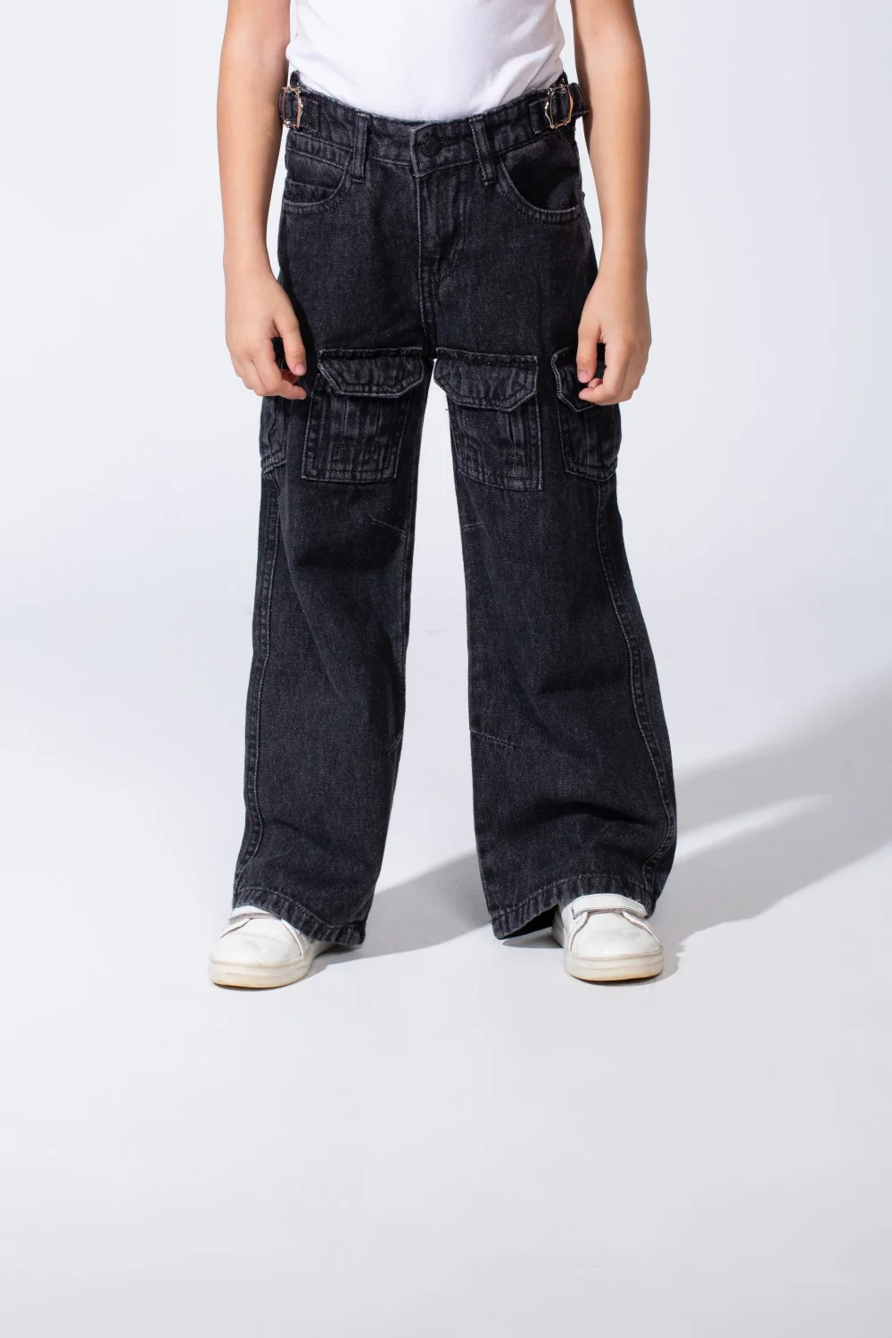 Girl's Cargo acid-wash Denim Design Multi Stitch Elasticated Waistband Paired With Four Functional Cargo Pockets Flap Details Sleek Modern Fit Pants