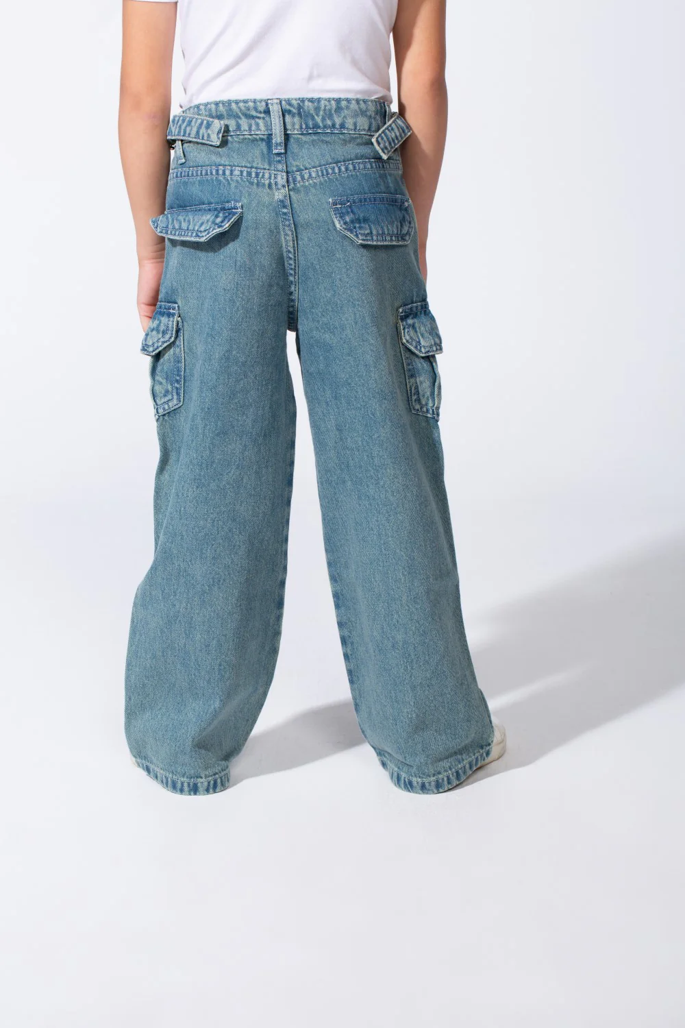 Girl's Cargo acid-wash Denim Design Multi Stitch Elasticated Waistband Paired With Four Functional Cargo Pockets Flap Details Sleek Modern Fit Pants - Image 10