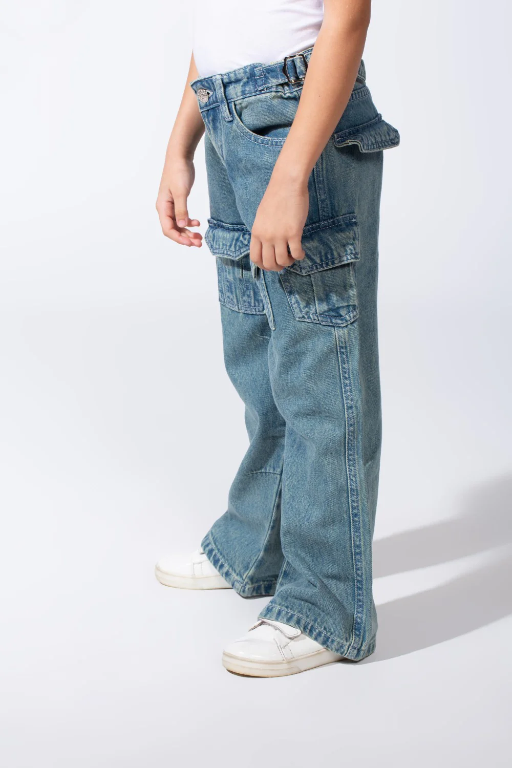 Girl's Cargo acid-wash Denim Design Multi Stitch Elasticated Waistband Paired With Four Functional Cargo Pockets Flap Details Sleek Modern Fit Pants - Image 11