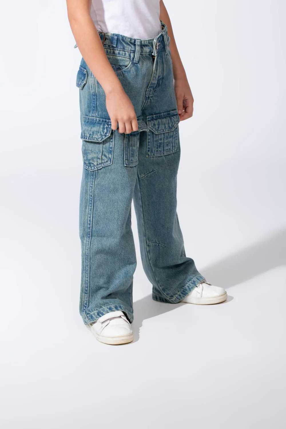 Girl's Cargo acid-wash Denim Design Multi Stitch Elasticated Waistband Paired With Four Functional Cargo Pockets Flap Details Sleek Modern Fit Pants - Image 12