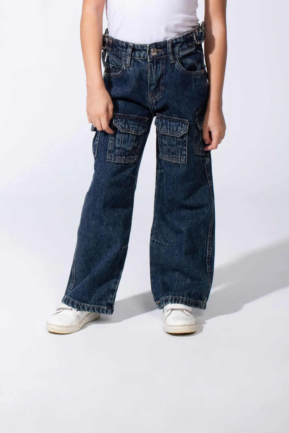Girl's Cargo acid-wash Denim Design Multi Stitch Elasticated Waistband Paired With Four Functional Cargo Pockets Flap Details Sleek Modern Fit Pants - Image 13