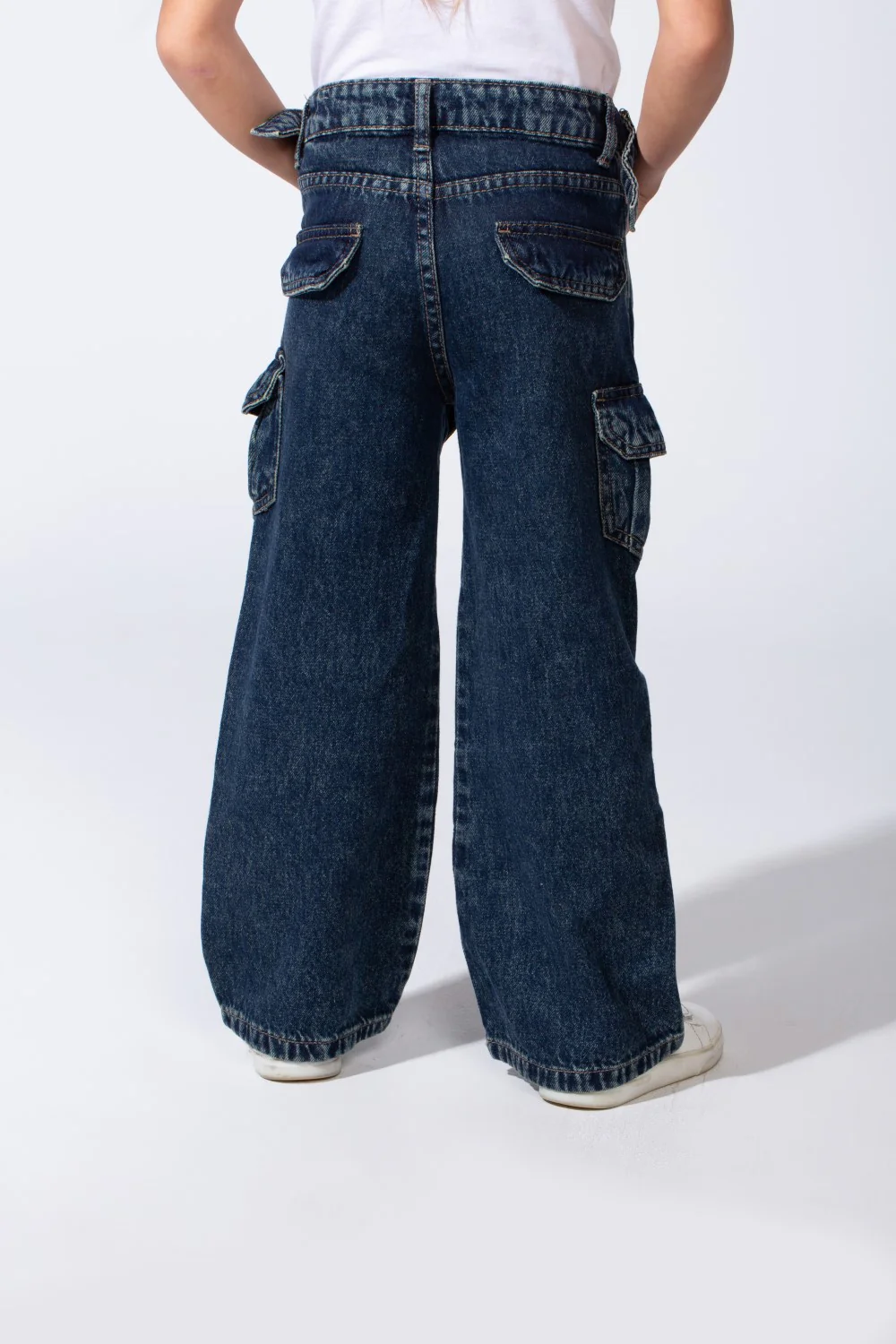 Girl's Cargo acid-wash Denim Design Multi Stitch Elasticated Waistband Paired With Four Functional Cargo Pockets Flap Details Sleek Modern Fit Pants - Image 14