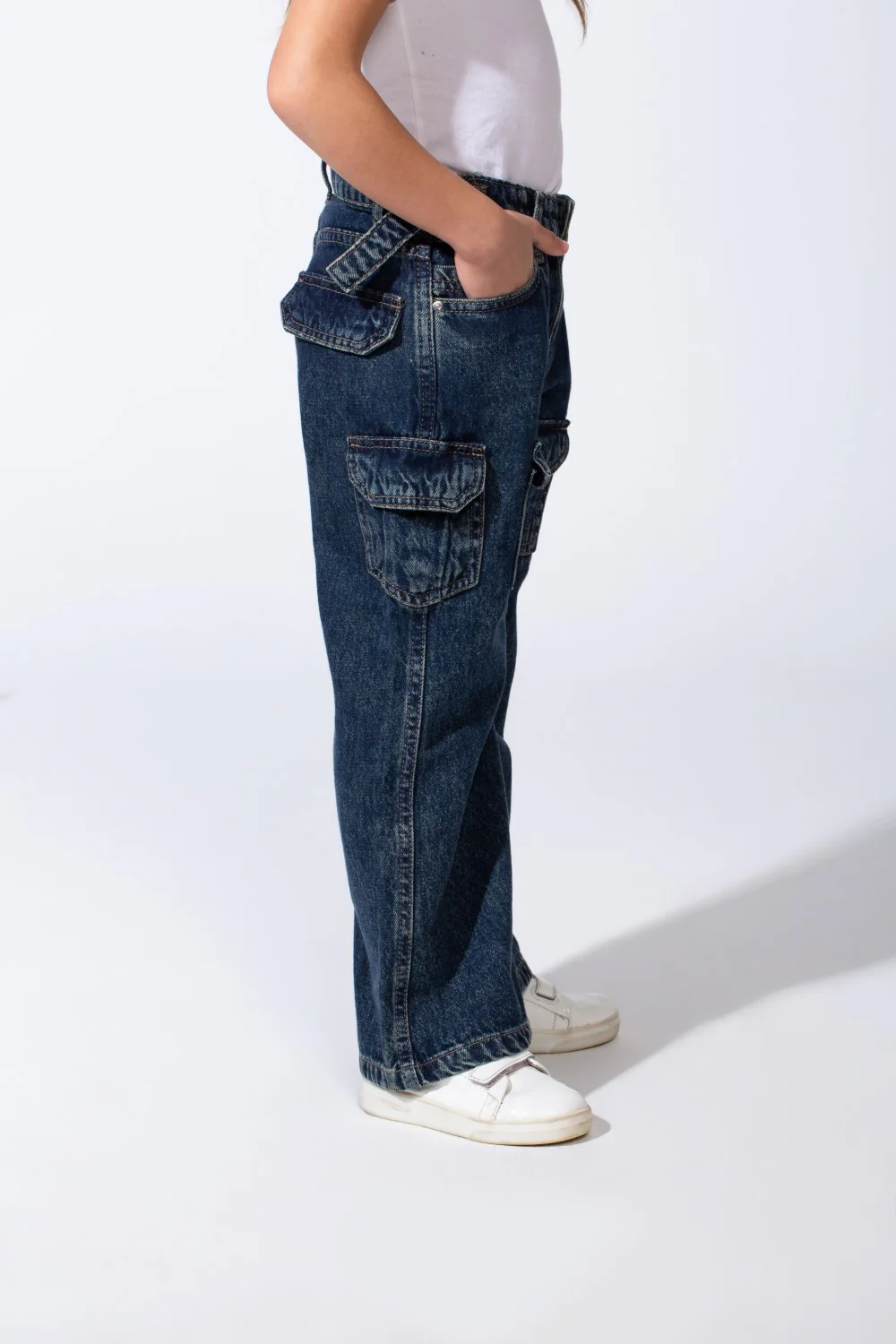 Girl's Cargo acid-wash Denim Design Multi Stitch Elasticated Waistband Paired With Four Functional Cargo Pockets Flap Details Sleek Modern Fit Pants - Image 16