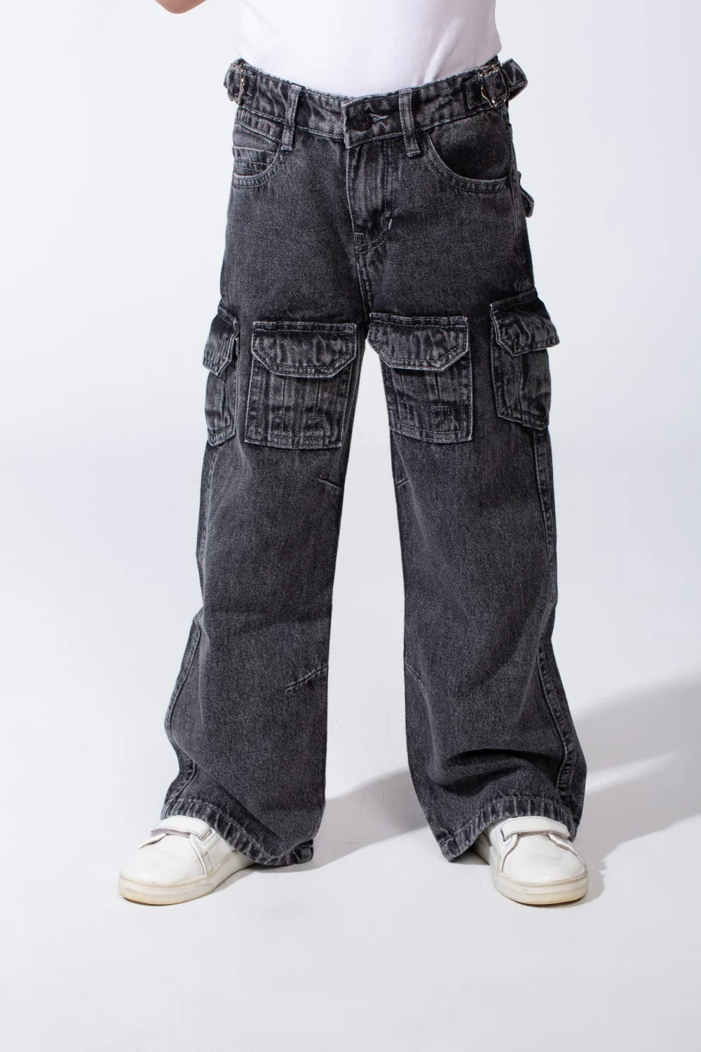 Girl's Cargo acid-wash Denim Design Multi Stitch Elasticated Waistband Paired With Four Functional Cargo Pockets Flap Details Sleek Modern Fit Pants - Image 17