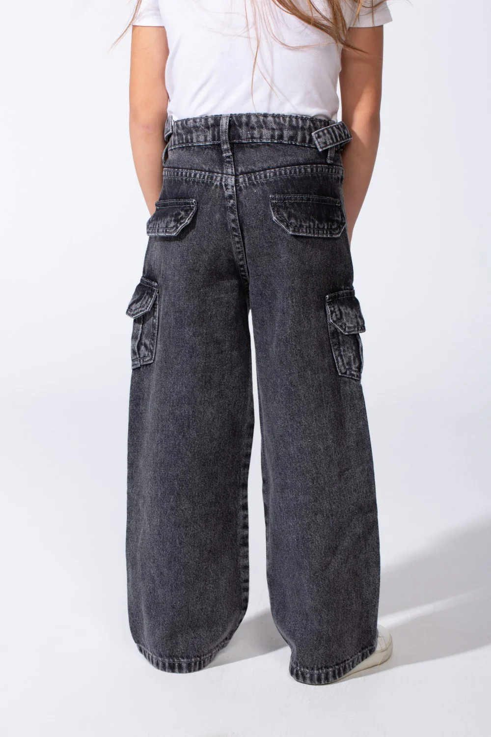 Girl's Cargo acid-wash Denim Design Multi Stitch Elasticated Waistband Paired With Four Functional Cargo Pockets Flap Details Sleek Modern Fit Pants - Image 18