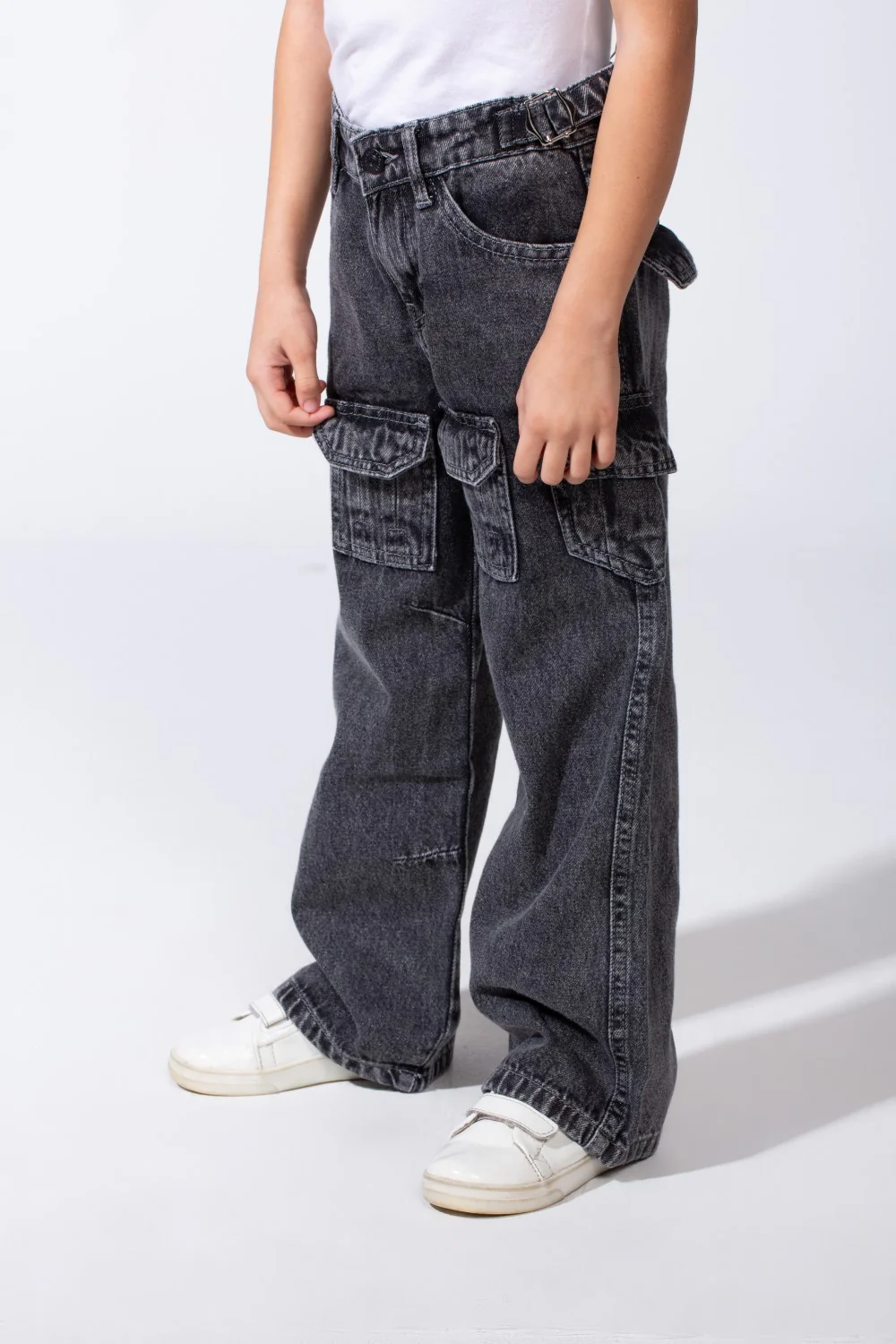 Girl's Cargo acid-wash Denim Design Multi Stitch Elasticated Waistband Paired With Four Functional Cargo Pockets Flap Details Sleek Modern Fit Pants - Image 19