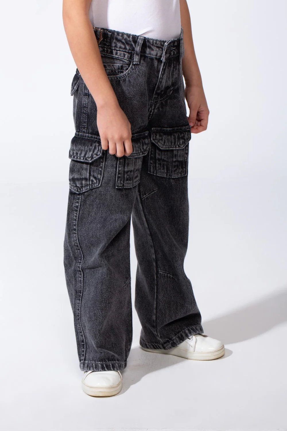 Girl's Cargo acid-wash Denim Design Multi Stitch Elasticated Waistband Paired With Four Functional Cargo Pockets Flap Details Sleek Modern Fit Pants - Image 20