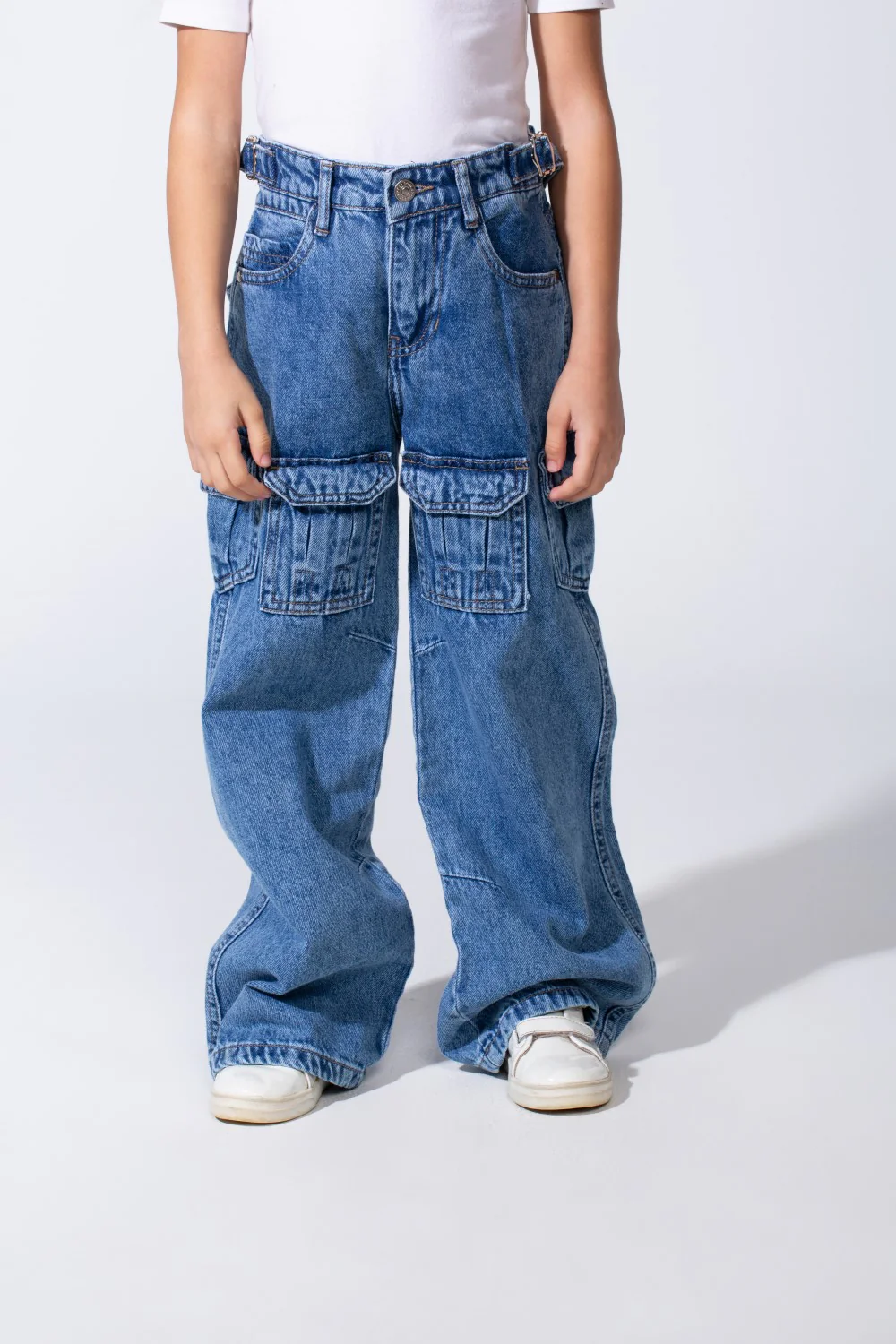 Girl's Cargo acid-wash Denim Design Multi Stitch Elasticated Waistband Paired With Four Functional Cargo Pockets Flap Details Sleek Modern Fit Pants - Image 21