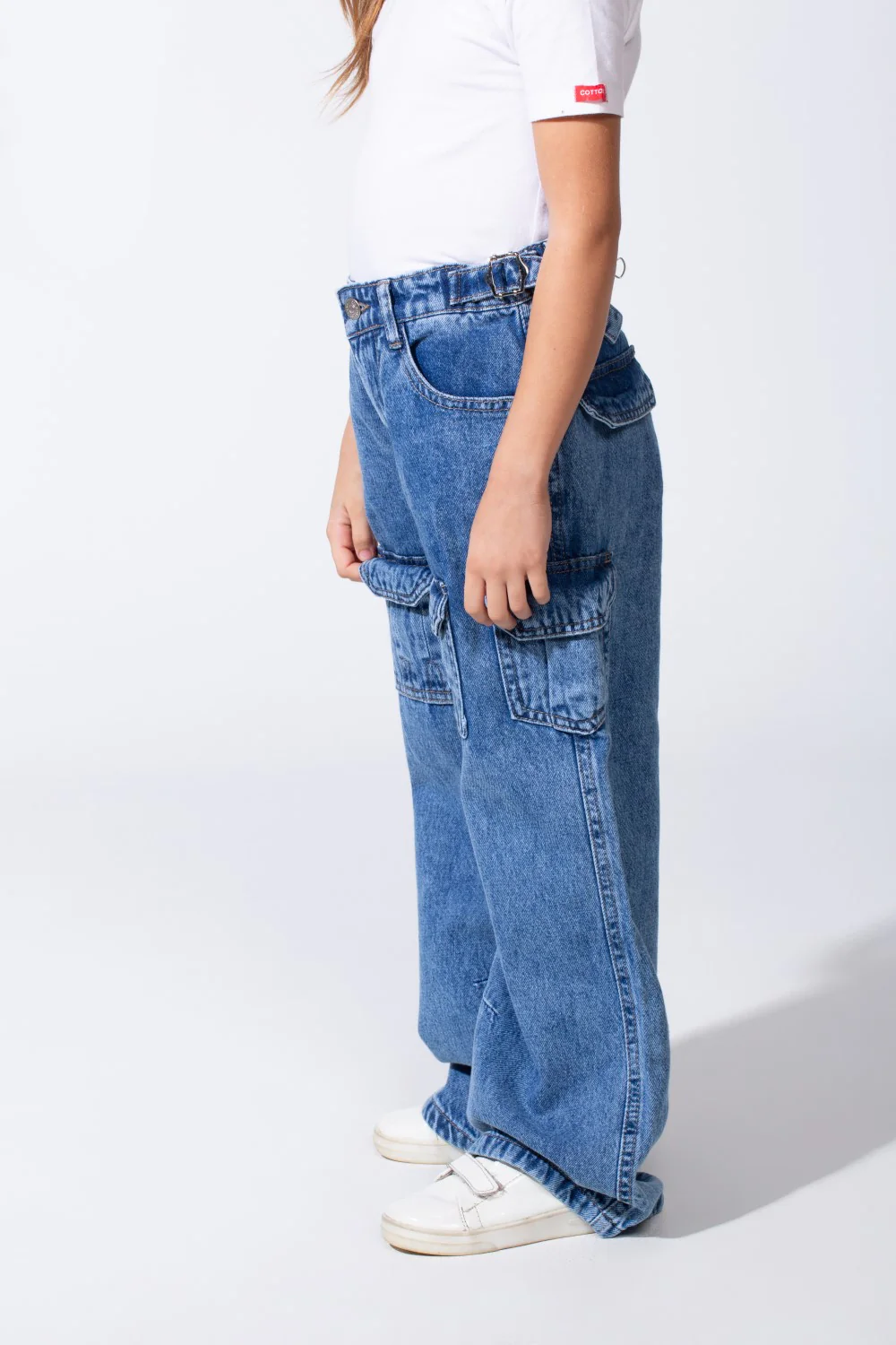 Girl's Cargo acid-wash Denim Design Multi Stitch Elasticated Waistband Paired With Four Functional Cargo Pockets Flap Details Sleek Modern Fit Pants - Image 23