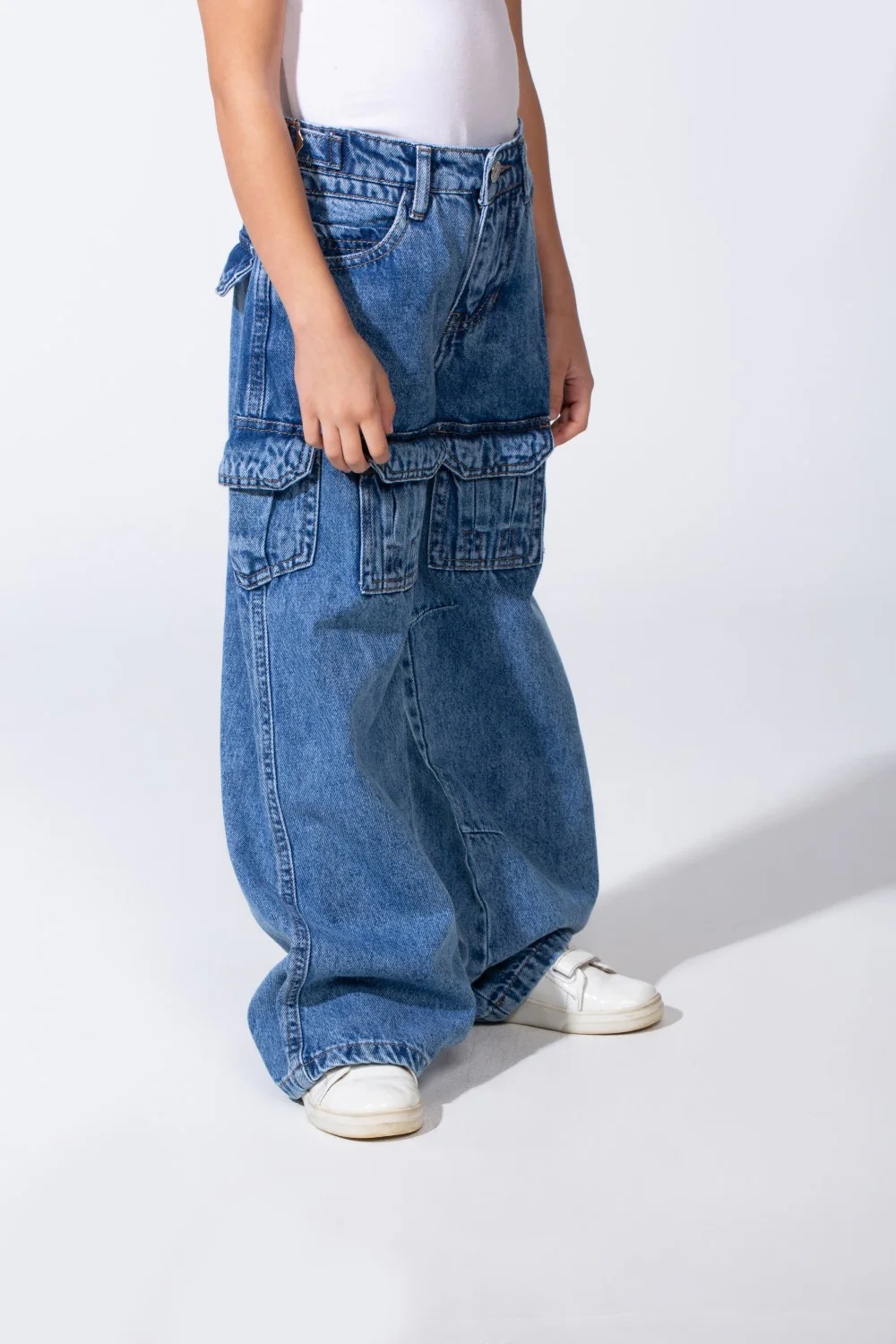 Girl's Cargo acid-wash Denim Design Multi Stitch Elasticated Waistband Paired With Four Functional Cargo Pockets Flap Details Sleek Modern Fit Pants - Image 24