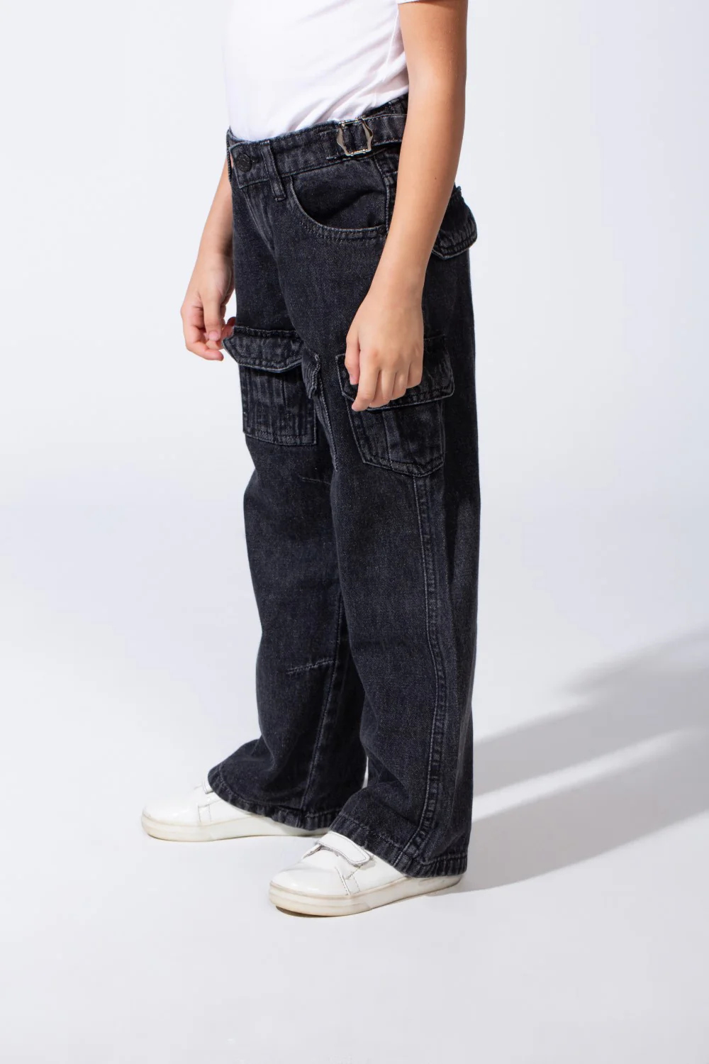 Girl's Cargo acid-wash Denim Design Multi Stitch Elasticated Waistband Paired With Four Functional Cargo Pockets Flap Details Sleek Modern Fit Pants - Image 3