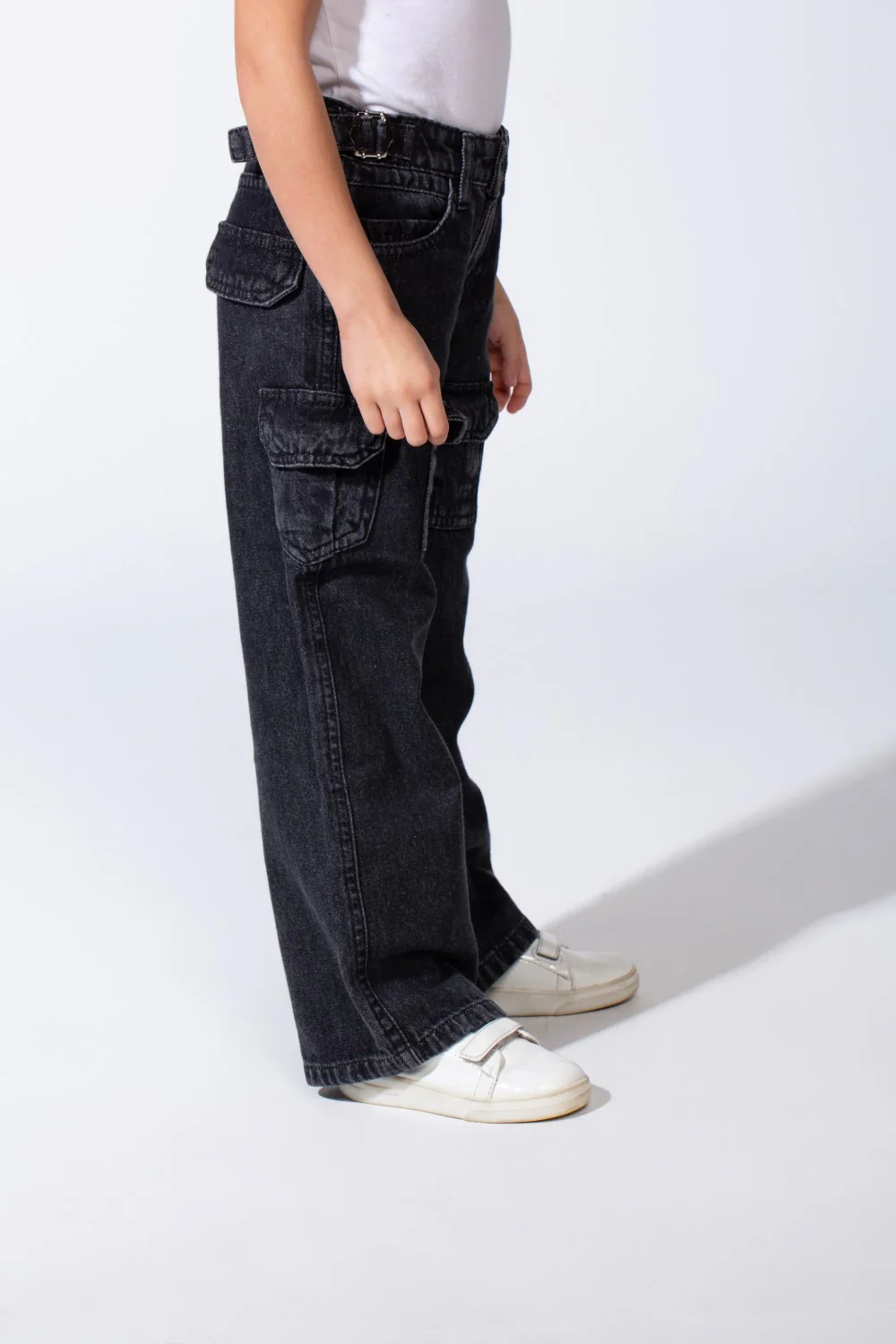 Girl's Cargo acid-wash Denim Design Multi Stitch Elasticated Waistband Paired With Four Functional Cargo Pockets Flap Details Sleek Modern Fit Pants - Image 4