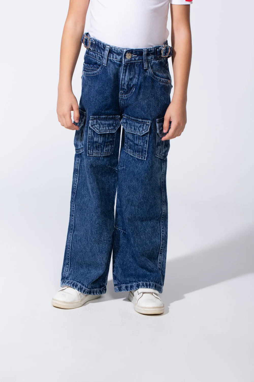 Girl's Cargo acid-wash Denim Design Multi Stitch Elasticated Waistband Paired With Four Functional Cargo Pockets Flap Details Sleek Modern Fit Pants - Image 5