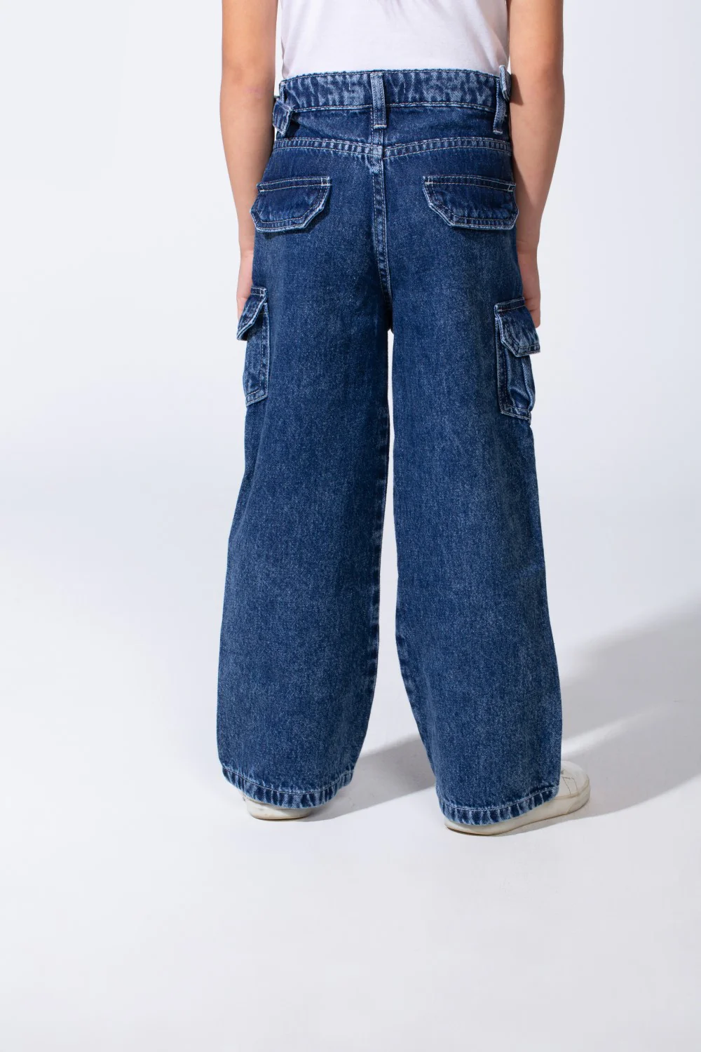 Girl's Cargo acid-wash Denim Design Multi Stitch Elasticated Waistband Paired With Four Functional Cargo Pockets Flap Details Sleek Modern Fit Pants - Image 6