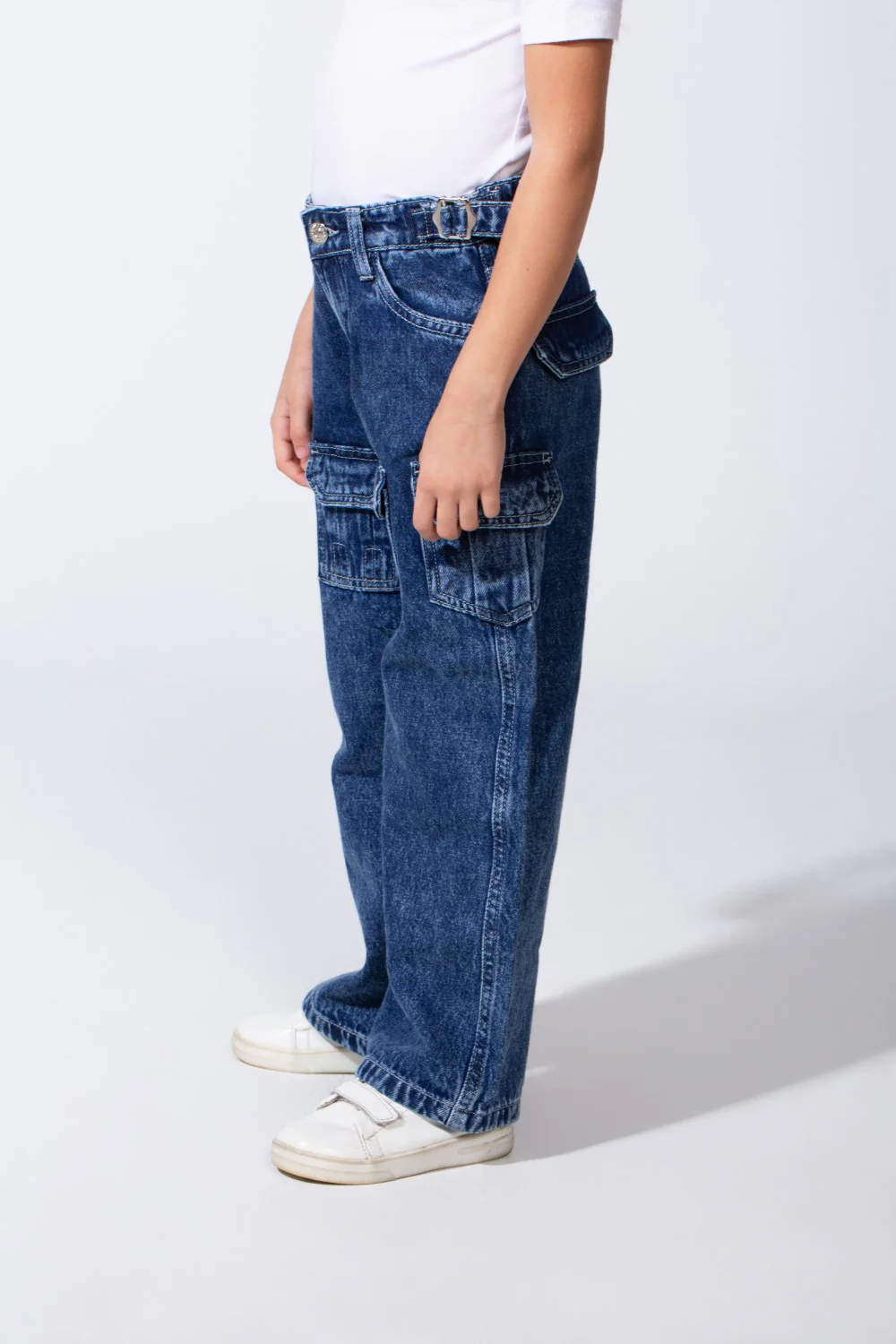 Girl's Cargo acid-wash Denim Design Multi Stitch Elasticated Waistband Paired With Four Functional Cargo Pockets Flap Details Sleek Modern Fit Pants - Image 7