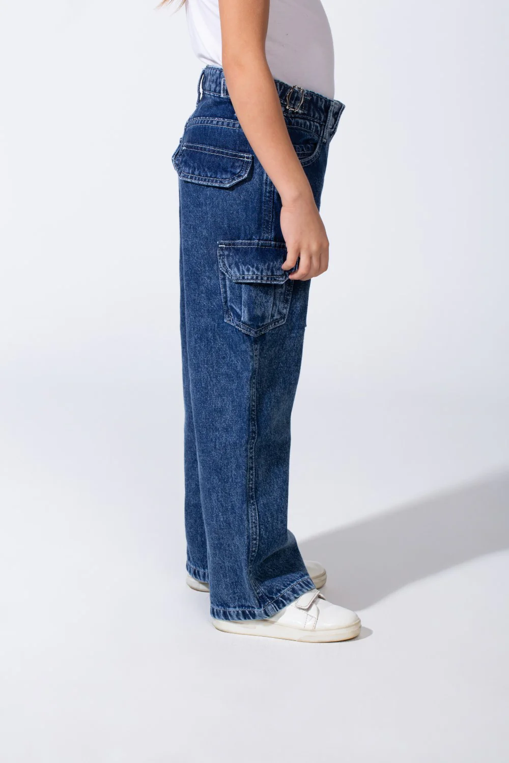 Girl's Cargo acid-wash Denim Design Multi Stitch Elasticated Waistband Paired With Four Functional Cargo Pockets Flap Details Sleek Modern Fit Pants - Image 8