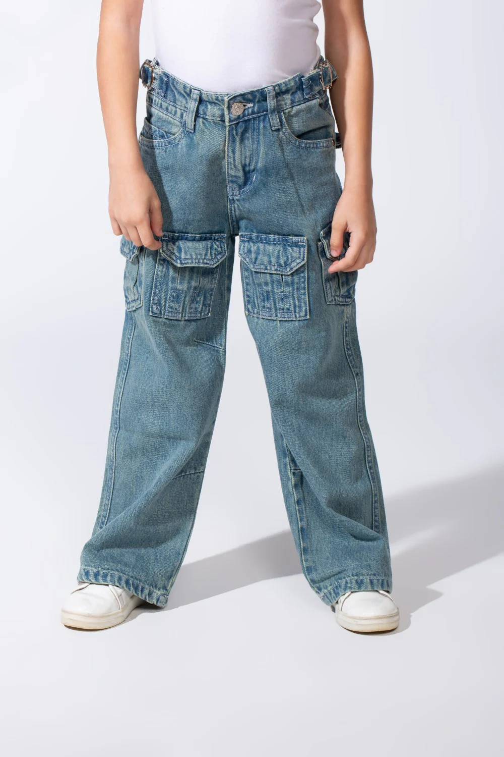 Girl's Cargo acid-wash Denim Design Multi Stitch Elasticated Waistband Paired With Four Functional Cargo Pockets Flap Details Sleek Modern Fit Pants - Image 9