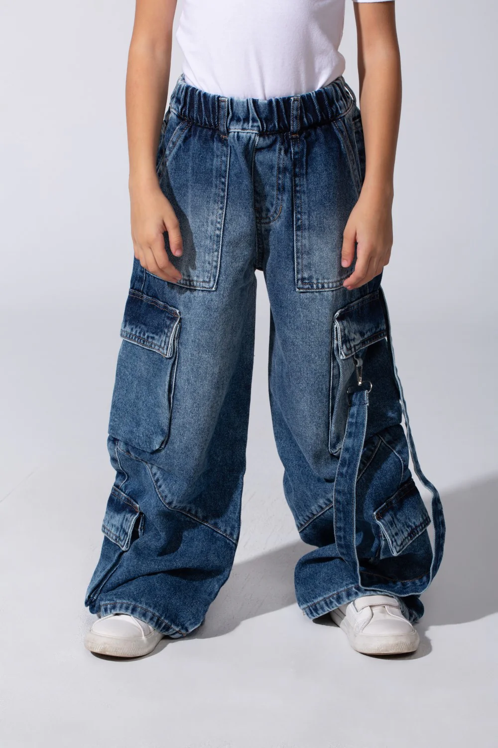 Girl's Cargo Jeans Pants With An Elastic Waistband And Modern Side Pockets - Image 5
