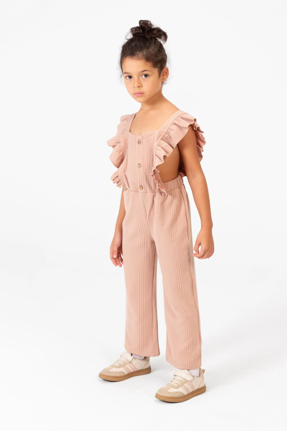 Girl's Casual Jumpsuit With Ruffled Shoulders And Front Buttons - Image 3