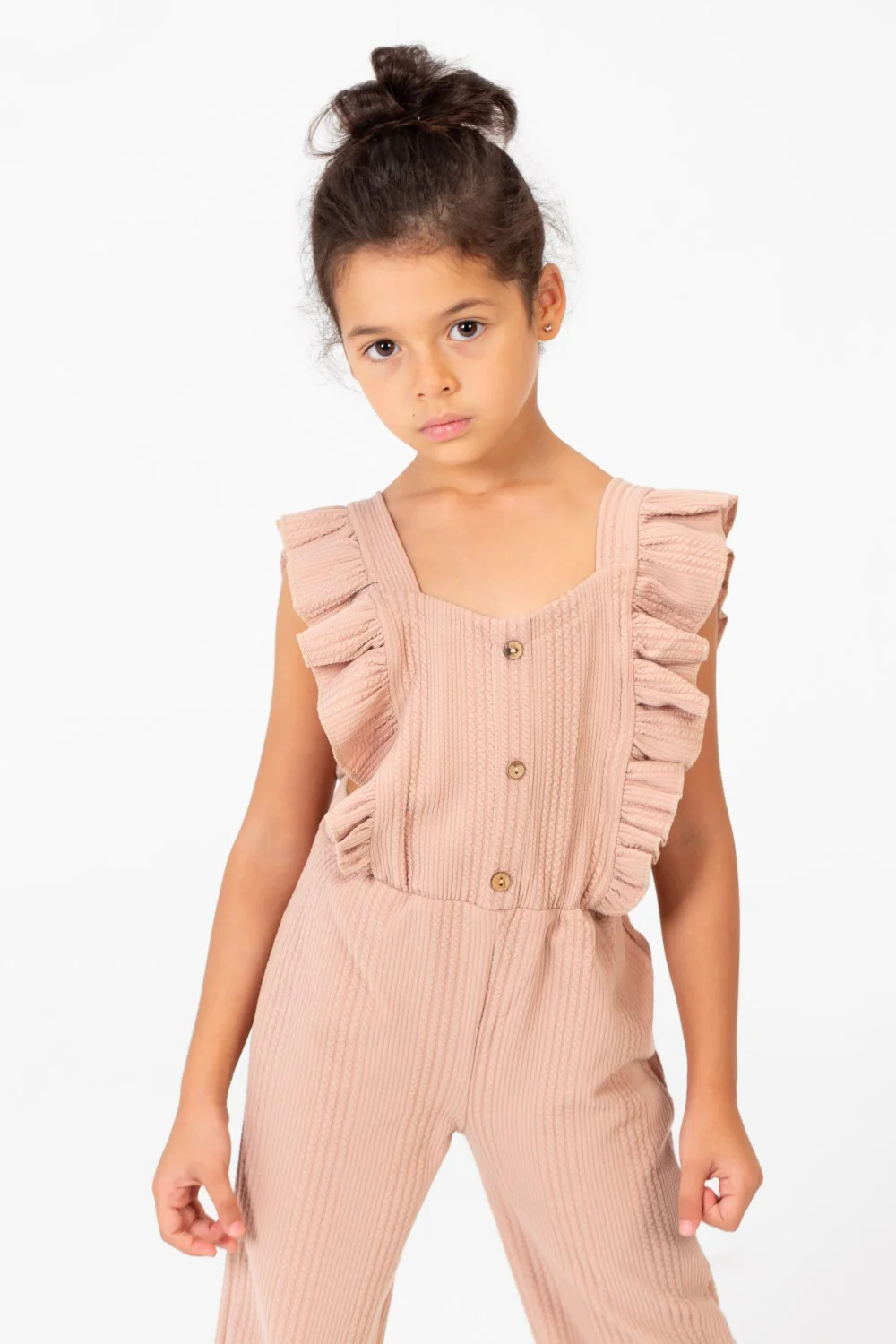 Girl's Casual Jumpsuit With Ruffled Shoulders And Front Buttons - Image 4